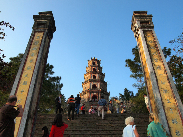 Thien Mu Pagoda looking up from the Huong River