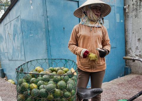 A woman sells green oranges at the local market
